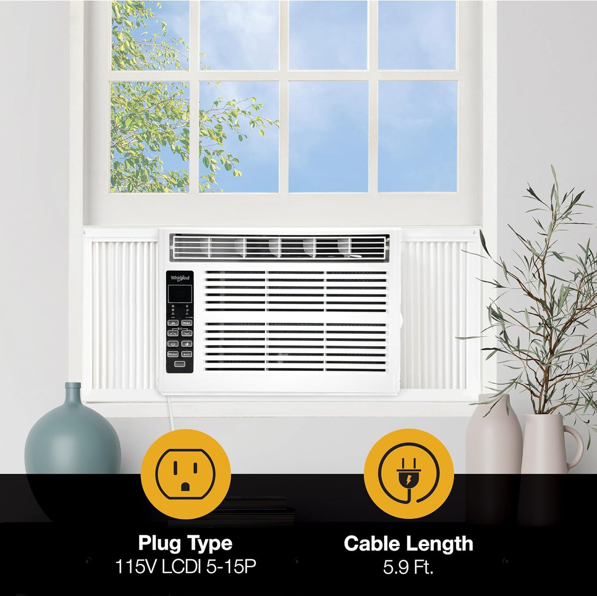 whirlpool 6,000 btu window air conditioner with dehumidifier, front angle view