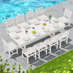 SERWALL 11 Piece Outdoor Dining Set, 84" HDPE Outdoor Table and Chairs for 10，All Weather Patio Furniture Set with Umbrella Hole for Backyard, Garden, White