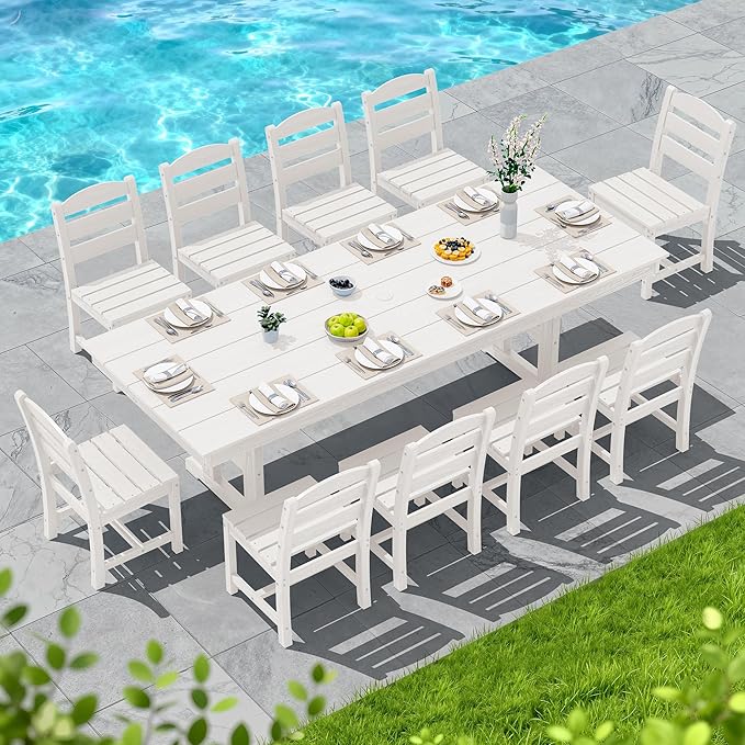 SERWALL 11 Piece Outdoor Dining Set, 84" HDPE Outdoor Table and Chairs for 10，All Weather Patio Furniture Set with Umbrella Hole for Backyard, Garden, White