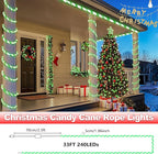 Jnaurb Christmas Candy Cane Lights, 33ft 240 LED Connectable Flexible White & Green Candy Cane Rope Lights for Outside, 8 Modes Waterproof LED Christmas Light for Garden Patio Tree Holiday Party Decor