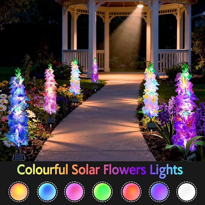 Solar Garden Lights, 6 Pack 20 LEDs Solar Delphinium Flowers Lights Gifts for Mom Grandma Women, Waterproof Solar Outdoor Lights Two Lighting Modes for Wedding Garden Yard Patio Decor