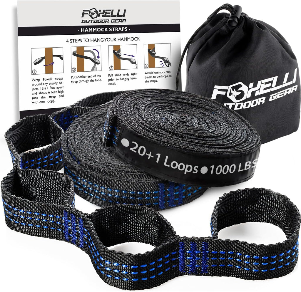 Foxelli XL Hammock Straps - Extra Long 20FT Heavy Duty No-Stretch Suspension System, 40+2 Loops, 2000 LBS Capacity, for Indoor/Outdoor Use – Set of 2 Straps & Carry Bag