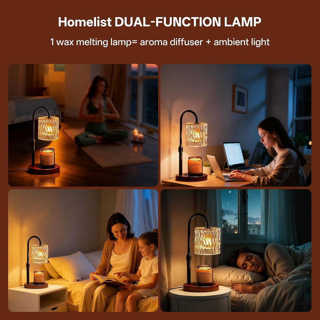 Homelist Candle Warmer Lamp Adjustable Height, with Timer & Dimmer, Black | Decorative Wax Warmer Lamp with Ripple Glass Shade, Cozy Bedroom Home Decor/Housewarming Gift for Women/Sister/Wife
