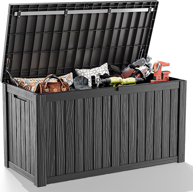 180 Gallon Outdoor Deck Box, Lockable Waterproof Outdoor Storage Boxes For Garden Tools,Indoor Cushions,Accessories Outside Storage Resin Weatherproof Container(Black)
