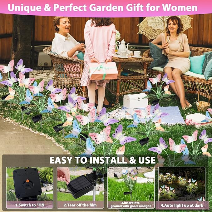 Solar Garden Lights 4 Pack Waterproof Decorative Solar Lights Outdoor with Glowing Stems,7-Color Changing ‎Fiber Optic Butterfly Light for Outside Yard Lawn Garden Decor, Gifts for Women
