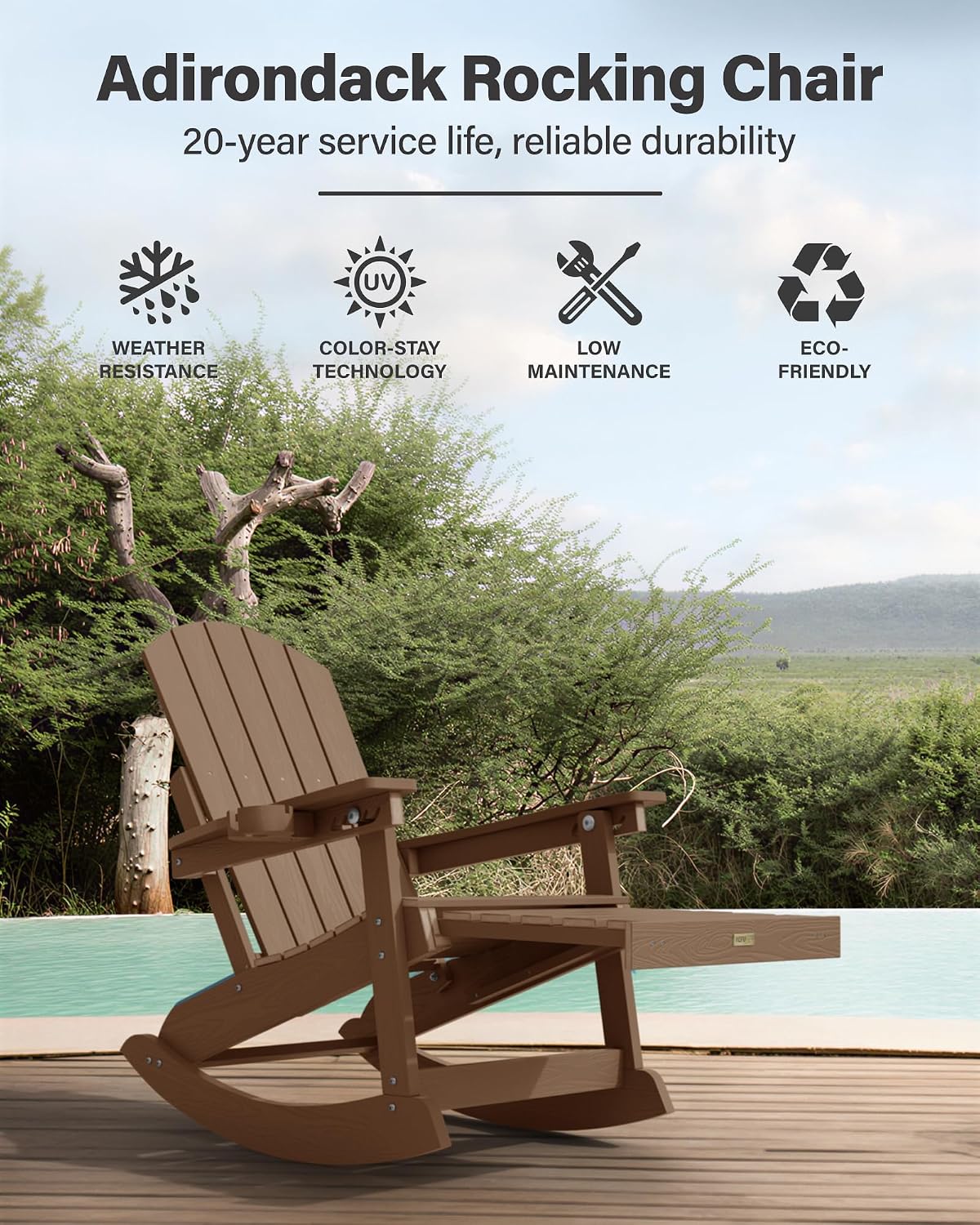 YEFU Adirondack Rocking Chairs, Adirondack Chair with Footrest, Teak | 5- Level Adjustable Backrest, Retractable Ottoman & Cup Holder, Like Real Wood, for Outdoor/Patio/Porch, Heavy Duty, 400 lbs