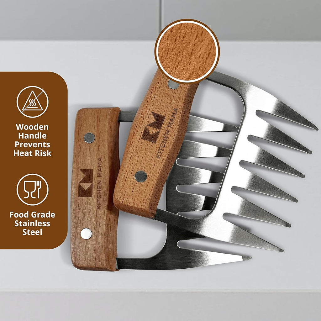 Kitchen Mama Meat Claws, Stainless Steel with Wooden Handle, 1 Pair | BBQ Shredder Claws, For Pulling Pork, Chicken, Beef, Turkey, Perfect for Grill Masters