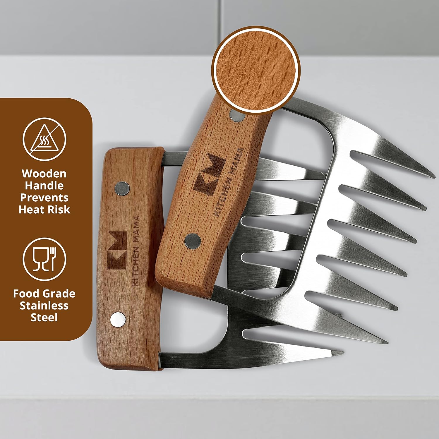 Kitchen Mama Meat Claws, Stainless Steel with Wooden Handle, 1 Pair | BBQ Shredder Claws, For Pulling Pork, Chicken, Beef, Turkey, Perfect for Grill Masters