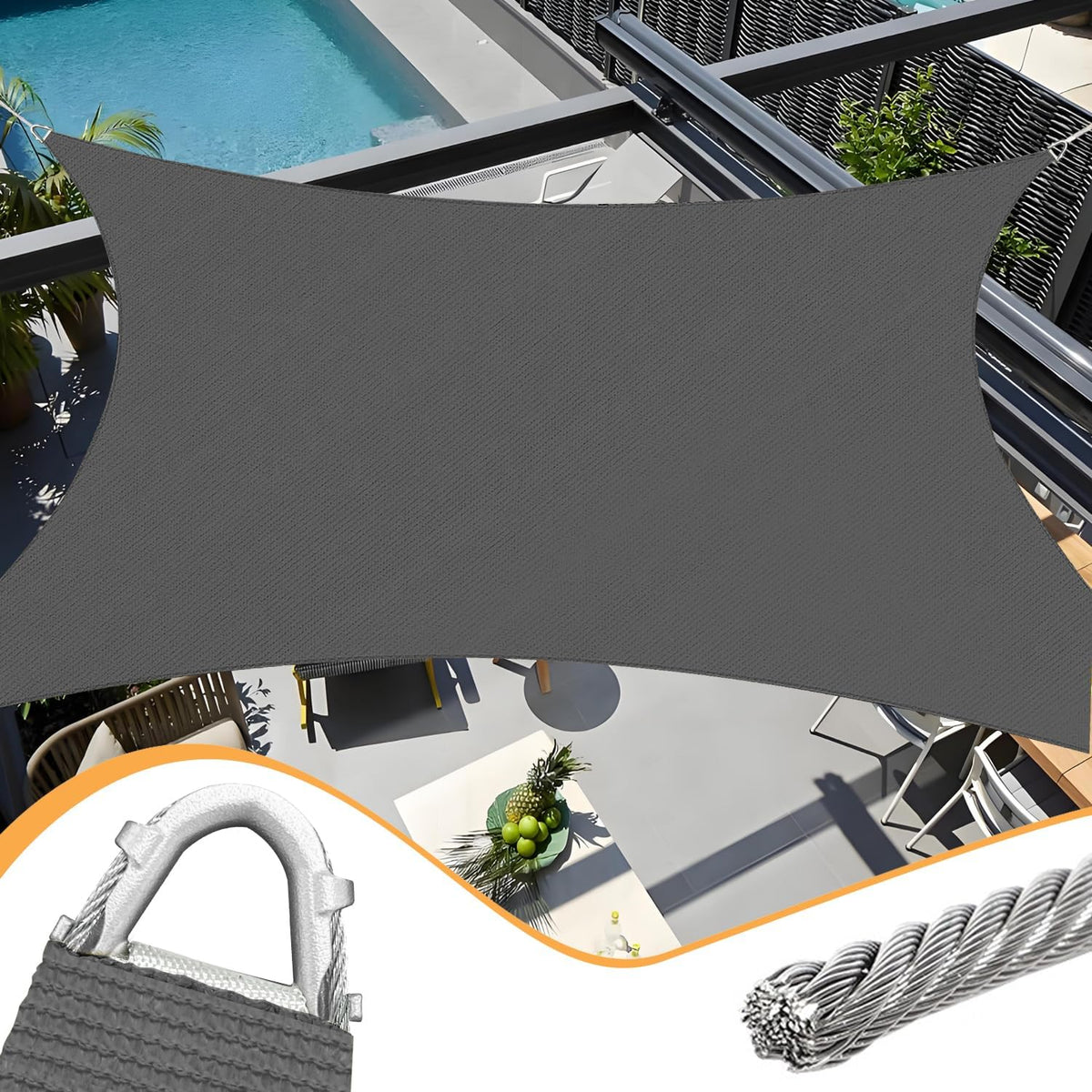 20' x 20' dark grey rectangle sun shade, main product view