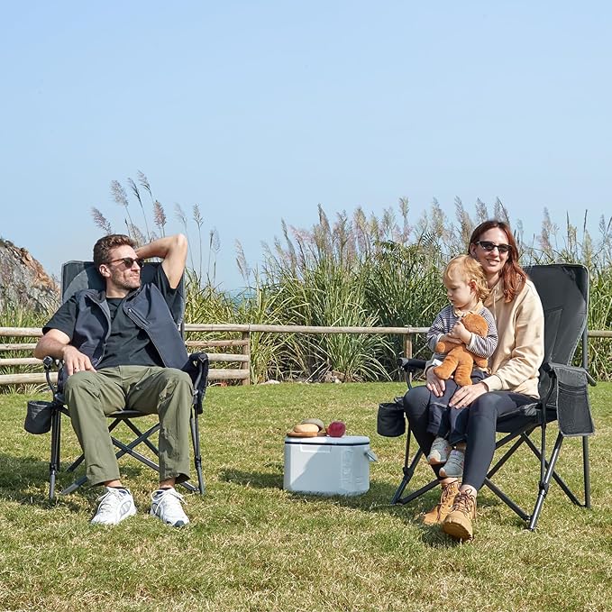 EVER ADVANCED Oversized Folding Camping Chair for Adults, Heavy Duty Lawn Chair with Side Pockets, Portable Collapsible Quad Chair for Outside, Support Up to 500lbs, Grey 2PACK