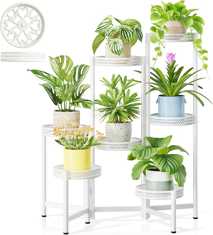 7 Tier Plant Stand Indoor Outdoor, Corner Tiered Plant Stands, Planter Display Rack for Multiple Plants, Wrought Iron Flower Stand, Folding Tall Plant Rack Shelf for House Patio Garden - WhiteWave