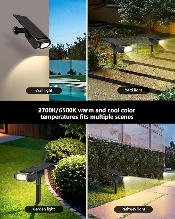 Solar Spot Lights Outdoor, 12 Color Modes Landscape Light Waterproof IP67 with Remote, 2-in-1 Color Changing/Cool/Warm White Solar Lights Outdoor for Yard Trees Garden Pool(Multicolor, 2 Pack)