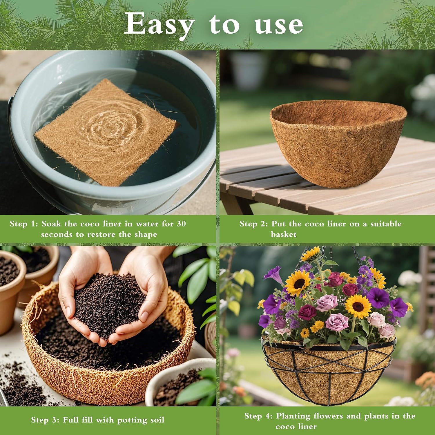 6 Pack 16 Inch Coco Liners for Hanging Baskets Coconut Husk Plant Liners 100% Natural Round Coco Coir Liner for Hanging Basket Flowers