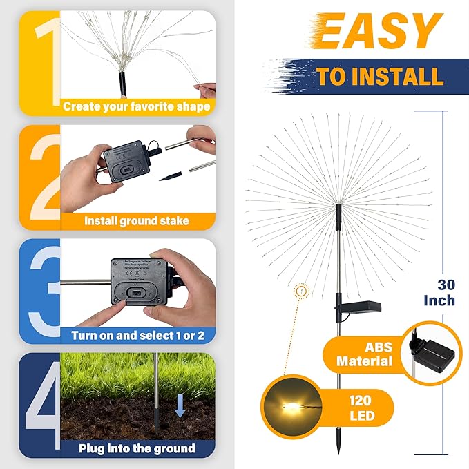 Solar Garden Lights Outdoor Decorative, 4pack 120 LED Firework Lights Waterproof，Solar Fairy Lights for Outside,Garden,Yard, Patio,Pathway,Flowerbed,Party(Multicolor)