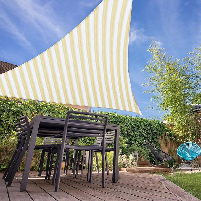 E&K Sunrise 12' x 12' x 12' Sun Shade Sail Triangle Canopy Shade Cover UV Block for Patio Backyard Garden Outdoor (Beige White Strip)