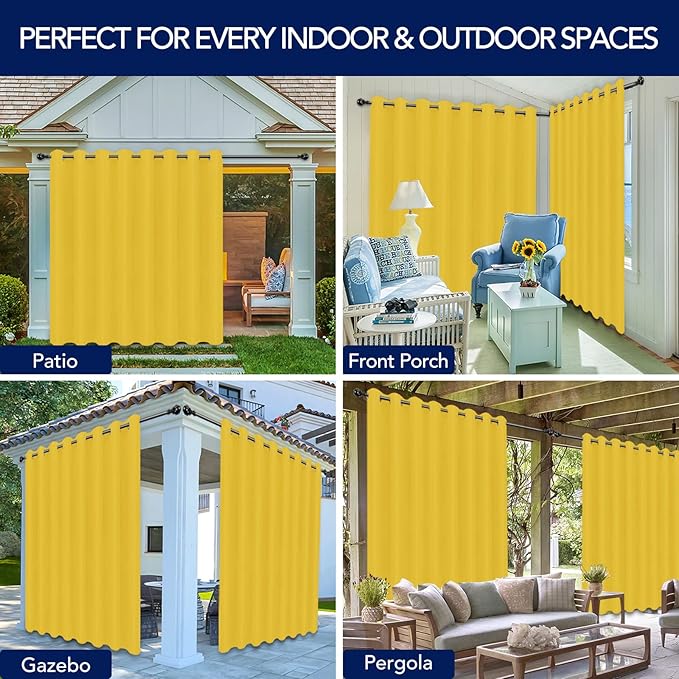 PureFit Outdoor Curtains for Patio Waterproof Weatherproof, UV Resistant Outside Curtains for Gazebo, Front Porch, Pergola, Sun Blocking Privacy Curtain, 120W x 95L inch, 1 Panel, Yellow