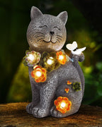 Vuees Solar Garden Statues Outdoor Decor, 6 LED Cat Flowers Butterfly Figurine Lights, Waterproof for Balcony Patio Porch Lawn Yard Ornament Art - Gift Ideas for Housewarming Gardening Grandma Women