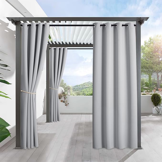 RYB HOME Outdoor Curtains for Patio Waterproof Block Sunlight Thermal Insulated Privacy Assured Thick Outside Curtains for Porch, Gazebo, Pergola, W52 x L95, Light Grey, 1 Panel