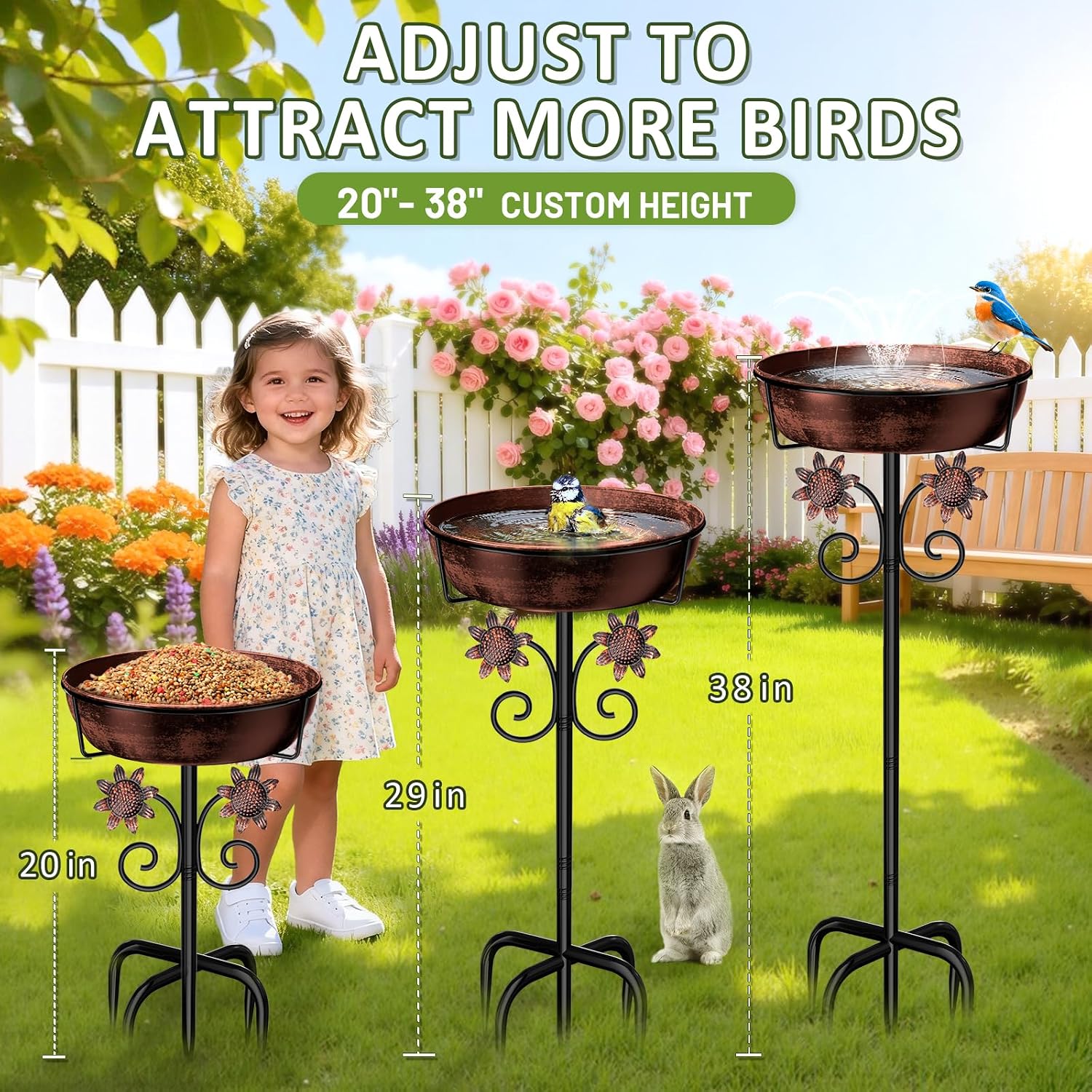 3" Deep Metal Bird Bath for Outside, Removable 12" Dia Vintage Bird Baths Bowl for Outdoors with Stable 5-Prong Stake, 37" H Freestanding Birdbath for Garden Patio Yard Lawn (Brush Bronze)