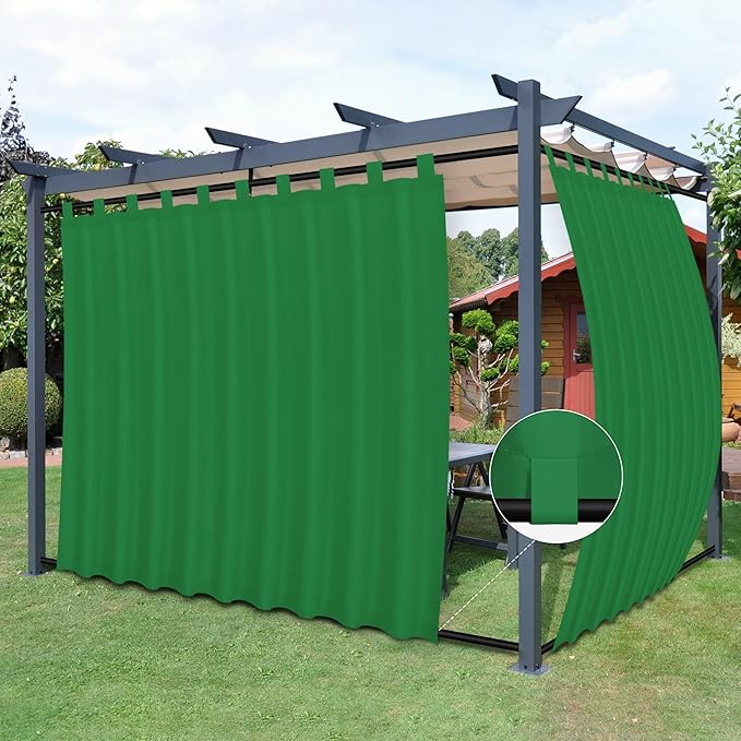 Easy-Going Outdoor Patio Curtains Detachable Tab Top Windproof Weatherproof Curtain for Cabana, Porch, Pergola and Gazebo, Tab Bottom Drape, 2 Panels, 110W x 120L inch, Green