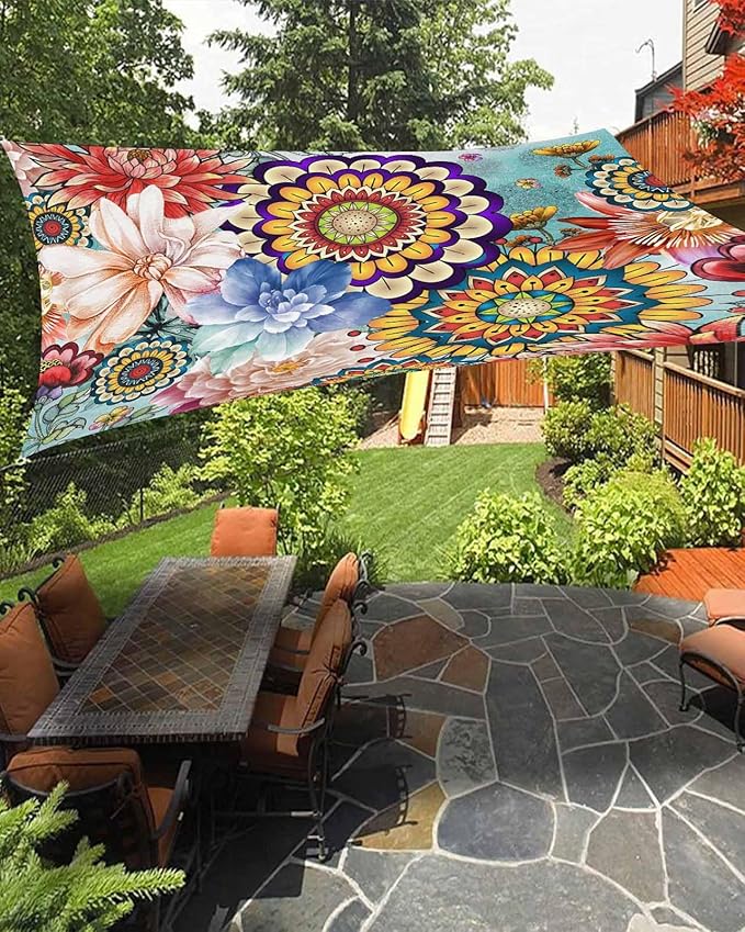 Sun Shade Sail 12'x16' Boho Floral Rectangle Sun Shade Sails Canopy Waterproof Mandala Flowers Plant Outdoor Sunshades Sand UV Block Cover Shade Cloth for Patio Backyard Garden Deck Porch Lawn