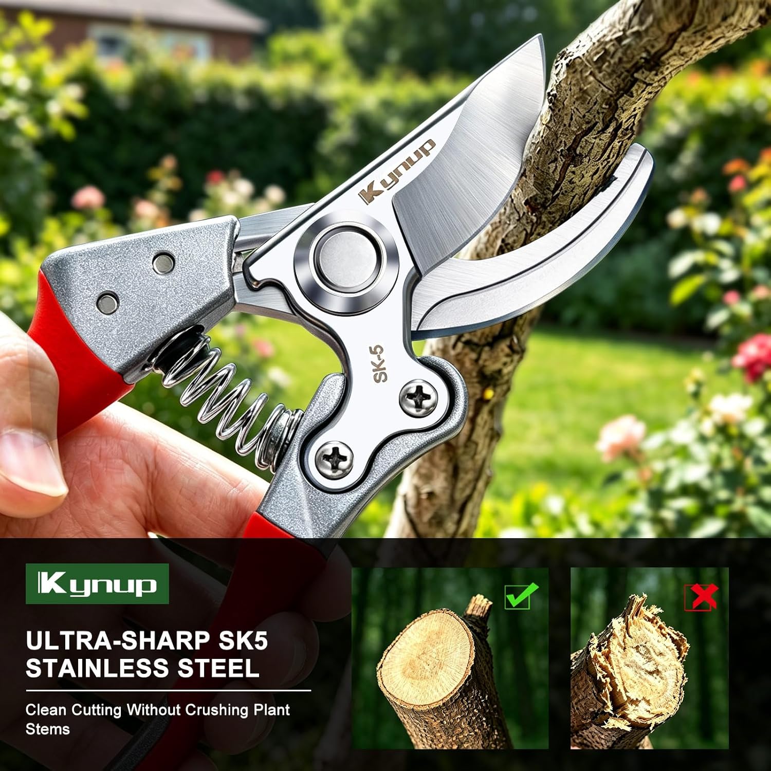 Kynup Pruning Shears, Heavy Duty Garden Shears with SK5 Japanese Steel | 8.6" Garden Clipper, Hand Pruners for Clean Cuts 4X Easier, Garden Scissors for Arthritis Left Handed with Secure Safety Lock