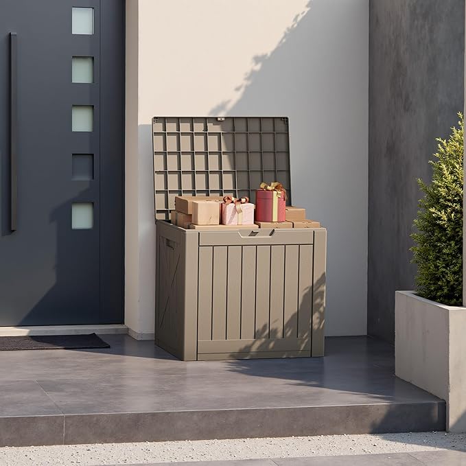 Patiowell 43 Gallon Resin Deck Box, Outdoor Storage Box for Patio Furniture, Deliveries, Pool Supplies,Waterproof and Lockable (Light-Brown)