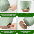 Plant Pots 10/9/8/7.5/7 Inch Self Watering Pots, Set of 5 Plastic Planters with Drainage Holes and Saucers,Plastic Flower Pots,Nursery Planting Pot for Indoor Out Door Plants（Green）