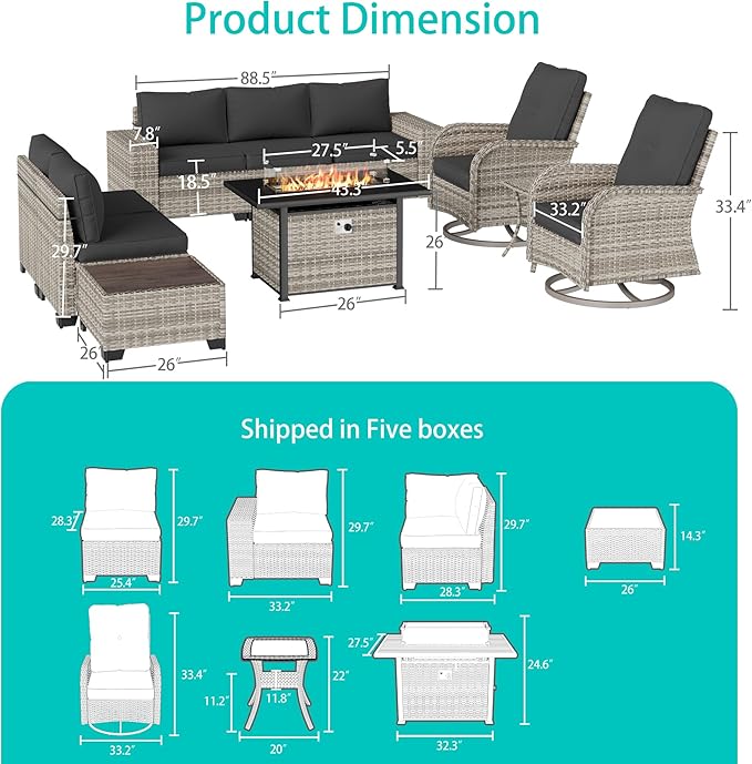 10-Piece Outdoor Patio Furniture Set with Rocking Swivel Chair, PE Wicker Rattan Sectional Sofa Patio Conversation Set with 55,000 BTU Fire Pit Table & Coffee Table, Dark Grey