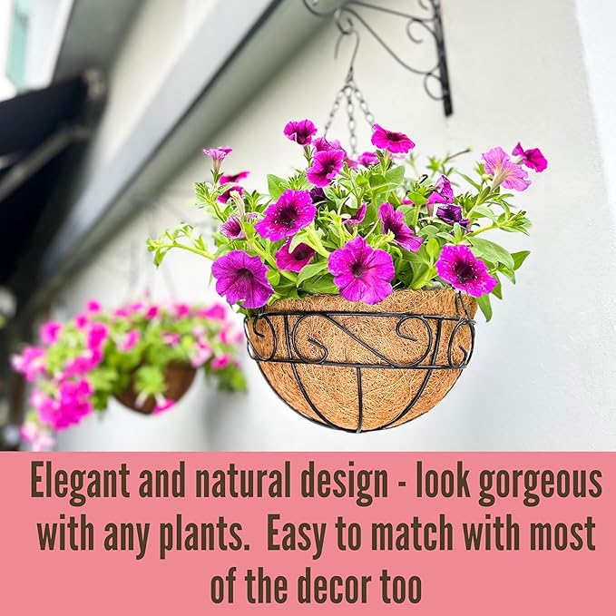 LaLaGreen Hanging Planter for Outdoor Plants (14 Inch, 6 Pack) Hanging Baskets with Coco Liner, Black Metal Wire Flower Basket Pots with Hook Hanger Balcony Porch Farmhouse Country Style Garden Decor