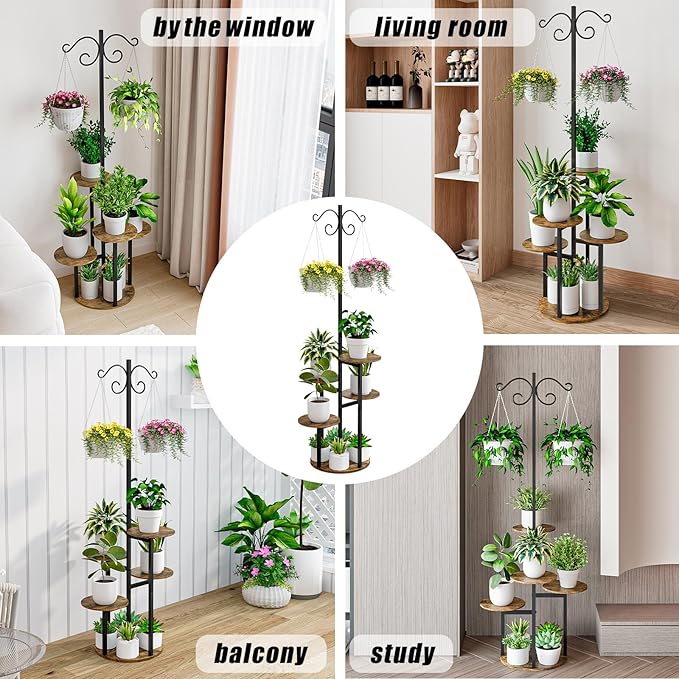 Plant Stand Indoor 5 Tier 8 Potted with hook hanging basket Multiple Flower Pot Holder for Patio Garden Balcony Living Room Corner (5 Tier with hook Black+Rustic Brown)