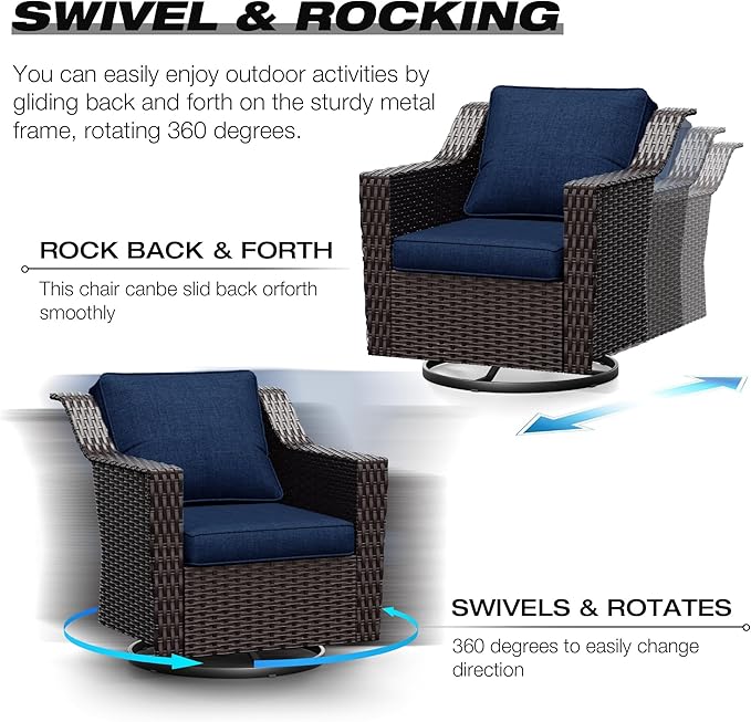 Joyside Wicker Patio Furniture Sets, 6 Pieces Upgraded Large Size Outdoor Furniture with 4 Swivel Rocking Patio Chairs, 3-Seat Sofa, Fire Table,Thick Cushions, Wide Armrest, Blue