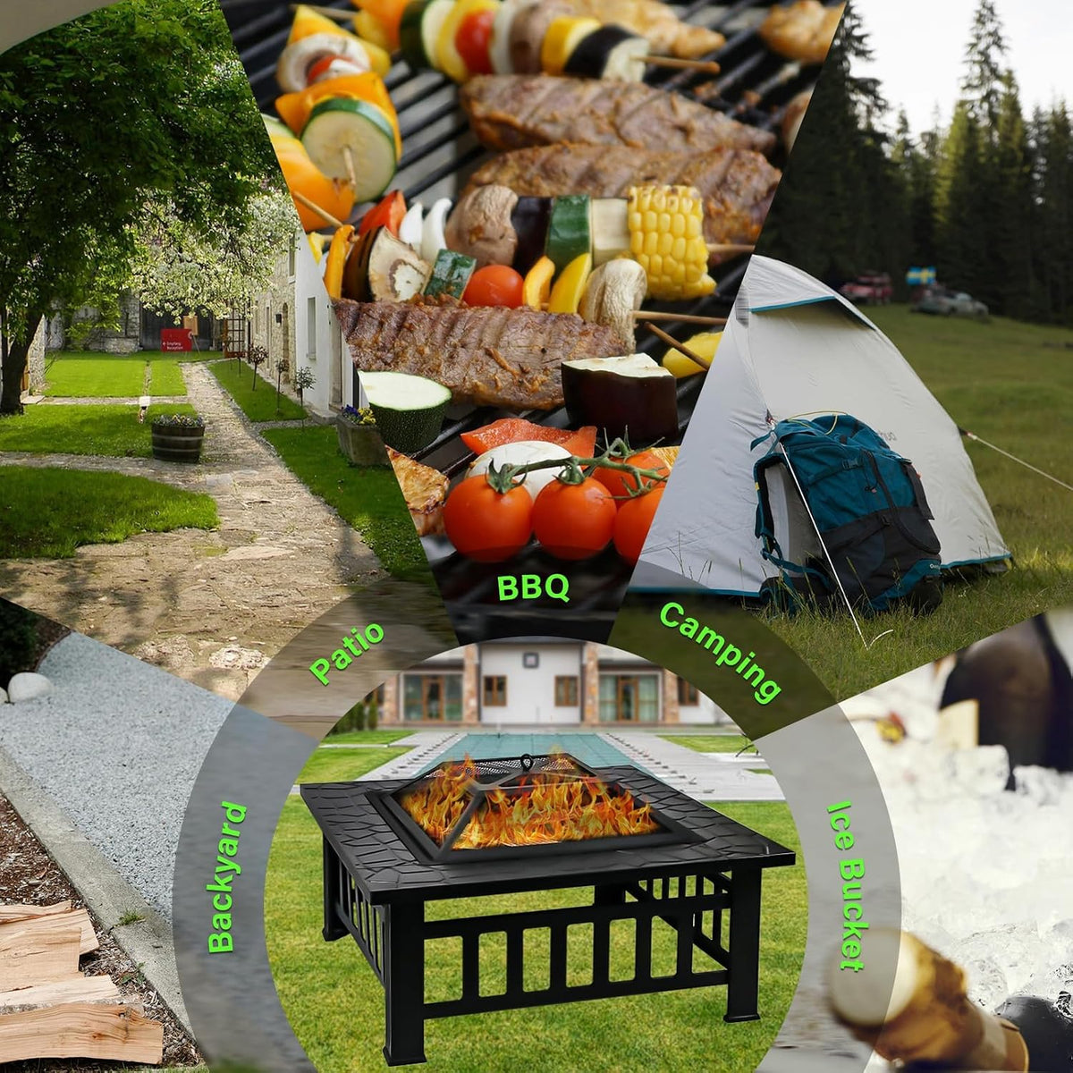 32 inch fire pit table with fire poker showing dimensions