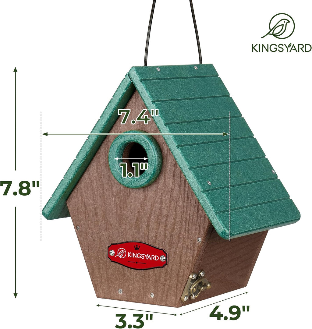 Kingsyard Recycled Plastic Bird House for Outdoors - Hanging Nesting Box with Predator Guard & Air Vents for Wren Finch Chickadee, Green
