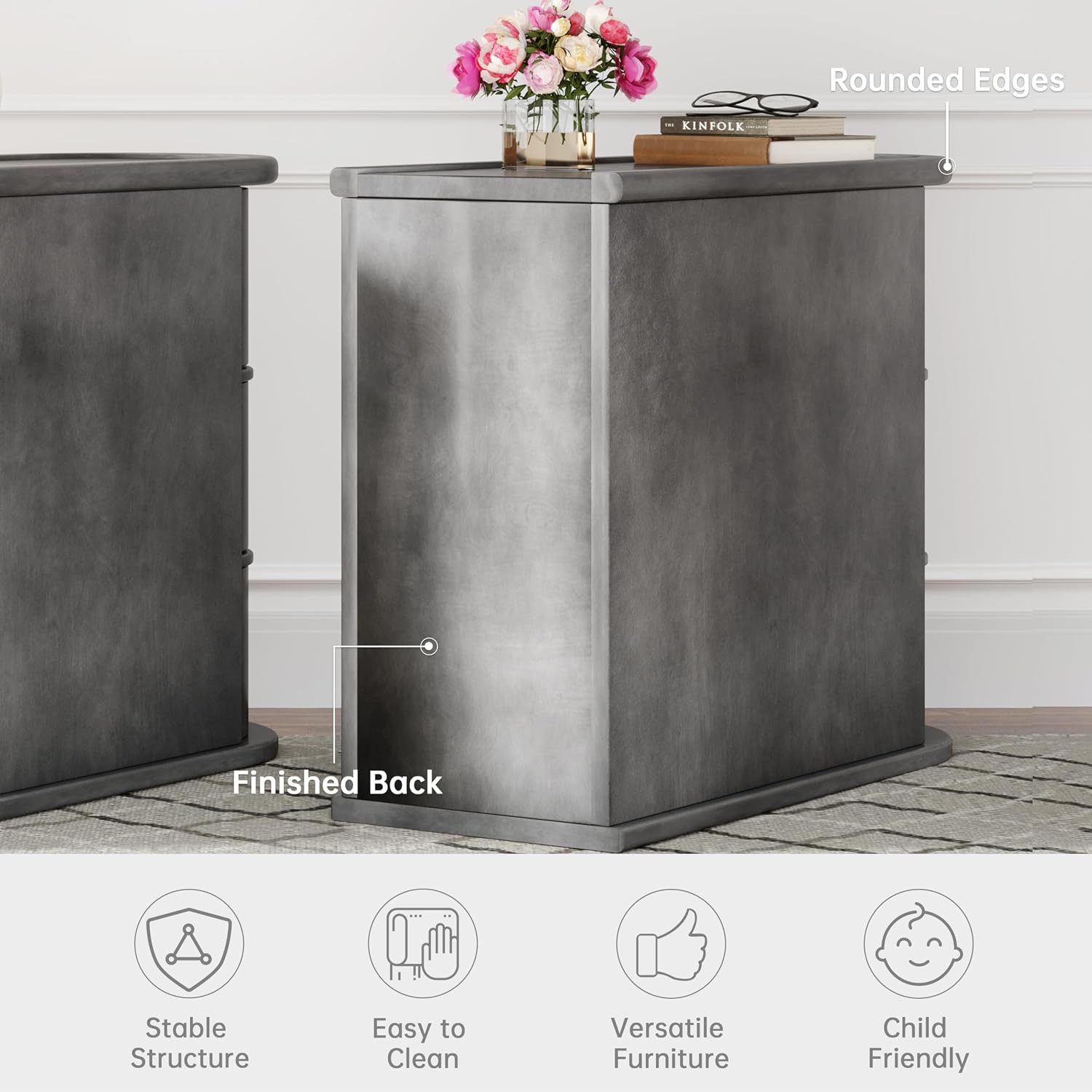 Wood End Table with 3 Drawers, No Assembly Required Narrow Sofa Side Table for Living Room, Vintage Slim Nightstand Bedside Table Bedroom (3 Drawers, Grey, 1Pc)