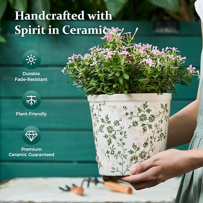 Ceramic Planter Without Drainage Hole, 6.7 Inch - Indoor/Outdoor Flower Pot for Orchids, Succulents, Green Floral Modern Farmhouse Design Plant Pot for Home,Office & Garden Décor, Ideal Gift
