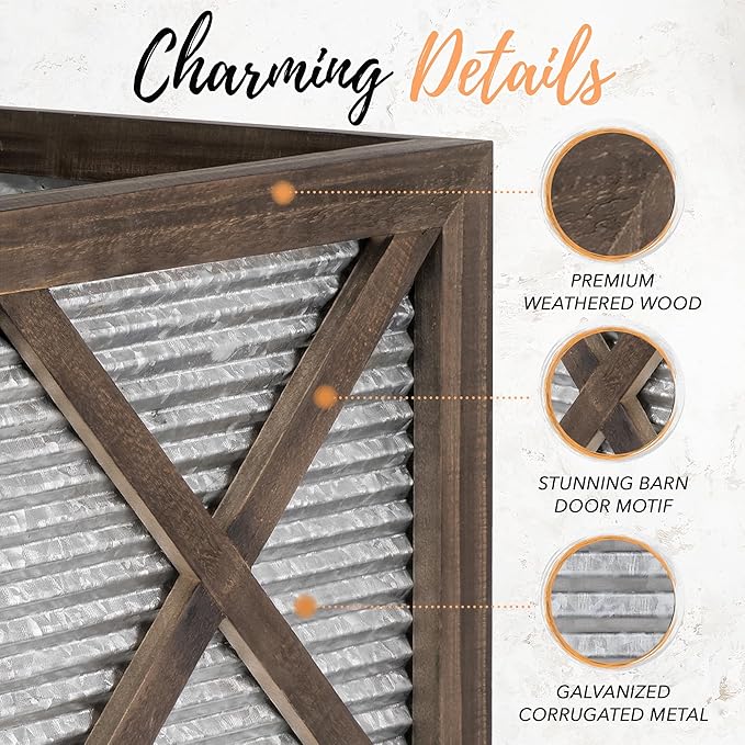 Autumn Alley Farmhouse Front Porch Planters Set of 2 Stand with Galvanized Corrugated Metal Planter for Outdoors/Indoors - Rustic Wood Square Planters Box on Legs – Charming Farmhouse Décor, Brown