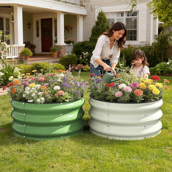Galvanized Raised Garden Bed 2pcs 2x2x1 FT, Round Metal Raised Garden Bed Outdoor Planter Box with Open Bottom, Rust-Resistant Steel Garden Bed for Vegetables Herbs Flowers, Easy Assembly