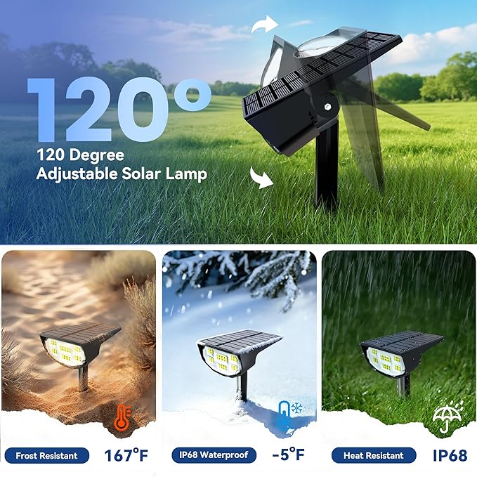 Solar Spot Lights Outdoor IP68 Waterproof, Ultra-Bright Performance，Simple Modes for Easier Operation, Auto On/Off，Solar Powered Landscape Lights for Garden, Yard, Pathway (Warm White, 6 Pack)