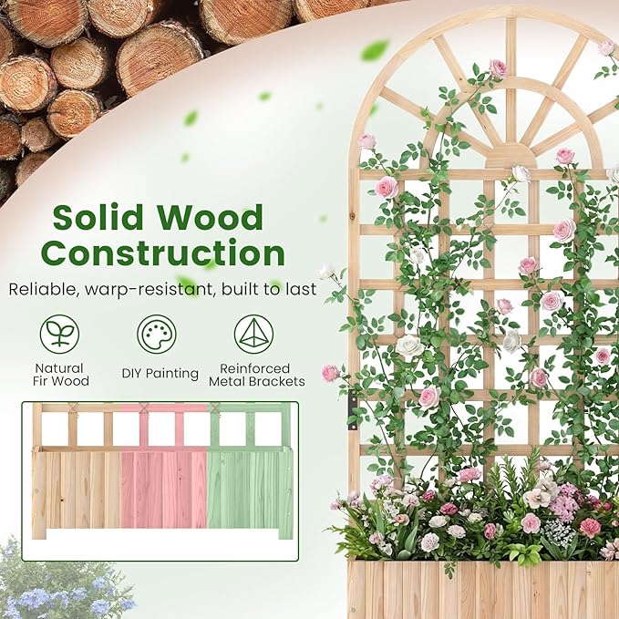 Giantex Wooden Raised Garden Bed with Arched Trellis Set 2, 71” Fir Wood Outdoor Elevated Planter Box Privacy Screen w/Drainage Holes, Vertical Garden Bed for Climbing Plants, Patio Balcony Backyard