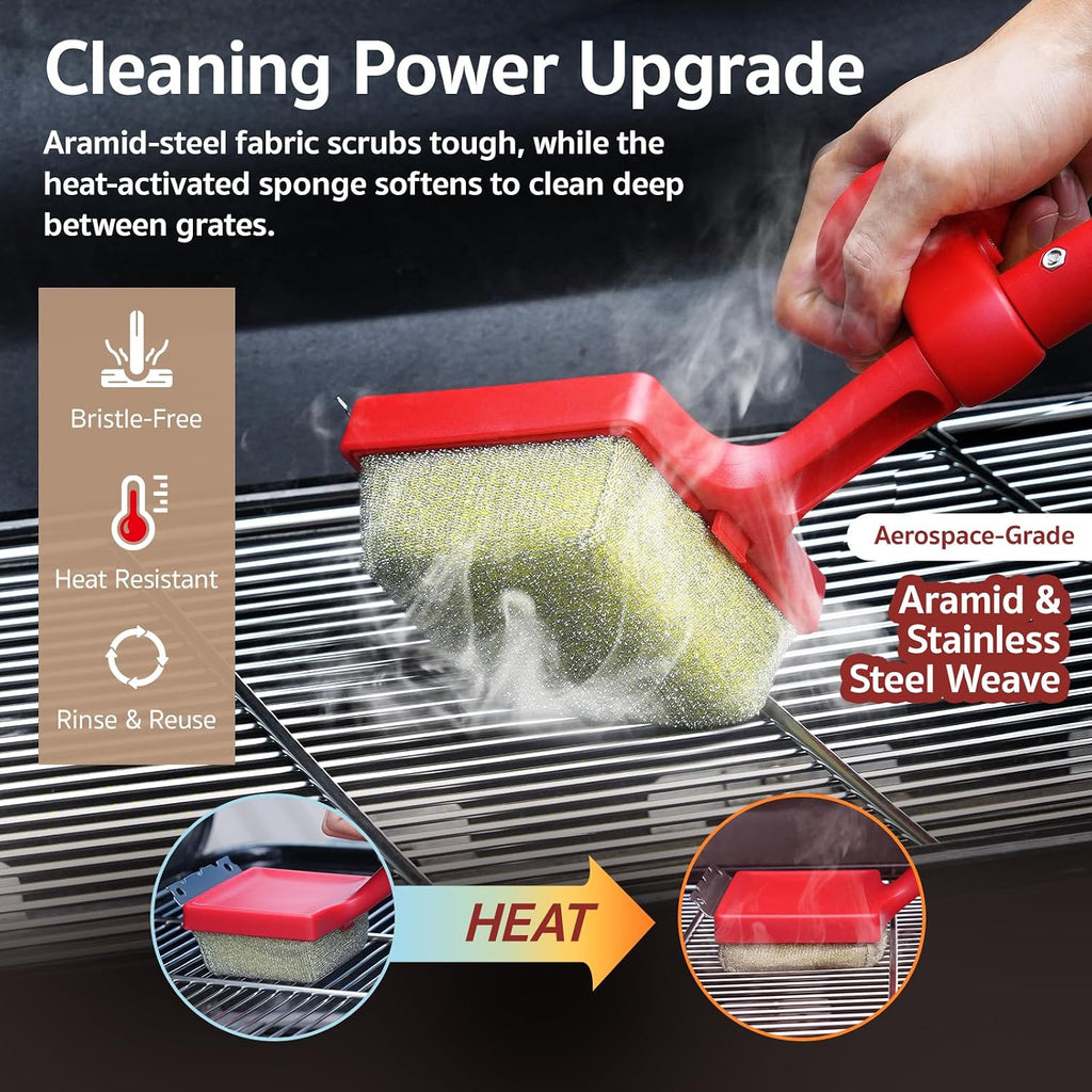 GASPRO Grill Brush Bristle Free for Outdoor Grill, BBQ Grill Cleaning Brush with Replaceable Scrub Sponge Head & Scraper, Ergonomic Handle, Safe for Stainless Steel, Cast Iron & Porcelain Grate