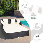 COSTWAY Outdoor Patio Rattan Daybed, Sponge Cushioned Loveseat Sofa with 4 Pillows, Wicker Furniture Sunbed for Balcony, Courtyard (Beige)
