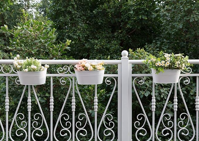 Dahey 3 Pcs 10.5 Inch Metal Iron Hanging Flower Pots for Railing Fence Hanging Bucket Pots Countryside Style Window Flower Plant Holder with Detachable Hooks Home Decor,White
