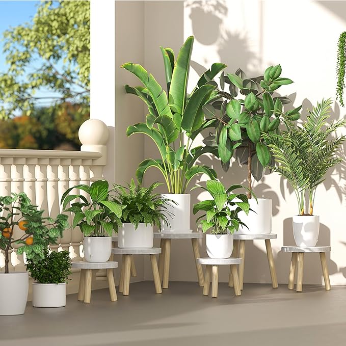 3-Pack Wood Plant Stands Indoor, Single Plant Stand for 6-12 Inch Pots, Mid-Century Modern Plant Stool, Tall Plant Stand for Large Plants for Living Room, Balcony, Office (White)