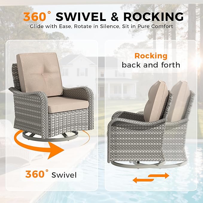 8-Seat Outdoor Wicker Patio Furniture Set with Fire Pit Table, Modular Rattan Sectional Sofa & 2 Swivel Rocking Chairs, 4" Thick Cushions, Rust-Resistant Frame,Beige