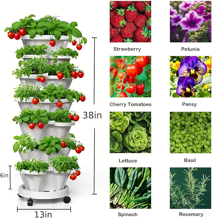 7 Tiered Strawberry Planters 3 Pack, Vertical Stackable Planter, Herb Stacking Tower Garden, Flower and Vegetable Planters with Support Pole Indoor & Outdoor with Removable Wheels Dark Grey