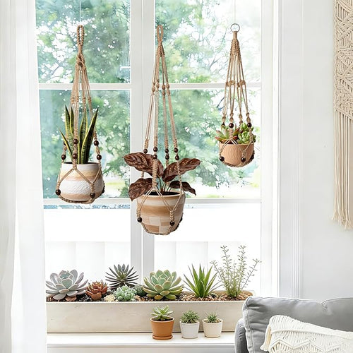 3 Pack Jute Macrame Plant Hanger Indoor 3 Different Sizes Hanging Planter Basket Flower Pot Holder with Wood Beads & No Tassels for Boho Home Decor, 23, 30, 35 Inch, Brown (Pot Not Included)