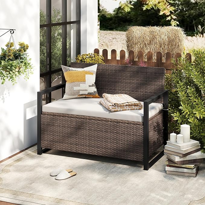 Tangkula 40 Gallon Outdoor Bench with Storage, Patio Wicker Storage Bench with Cushion, Cover, Metal Frame, Deck Box Seat for Backyard, Poolside, Balcony, Garden