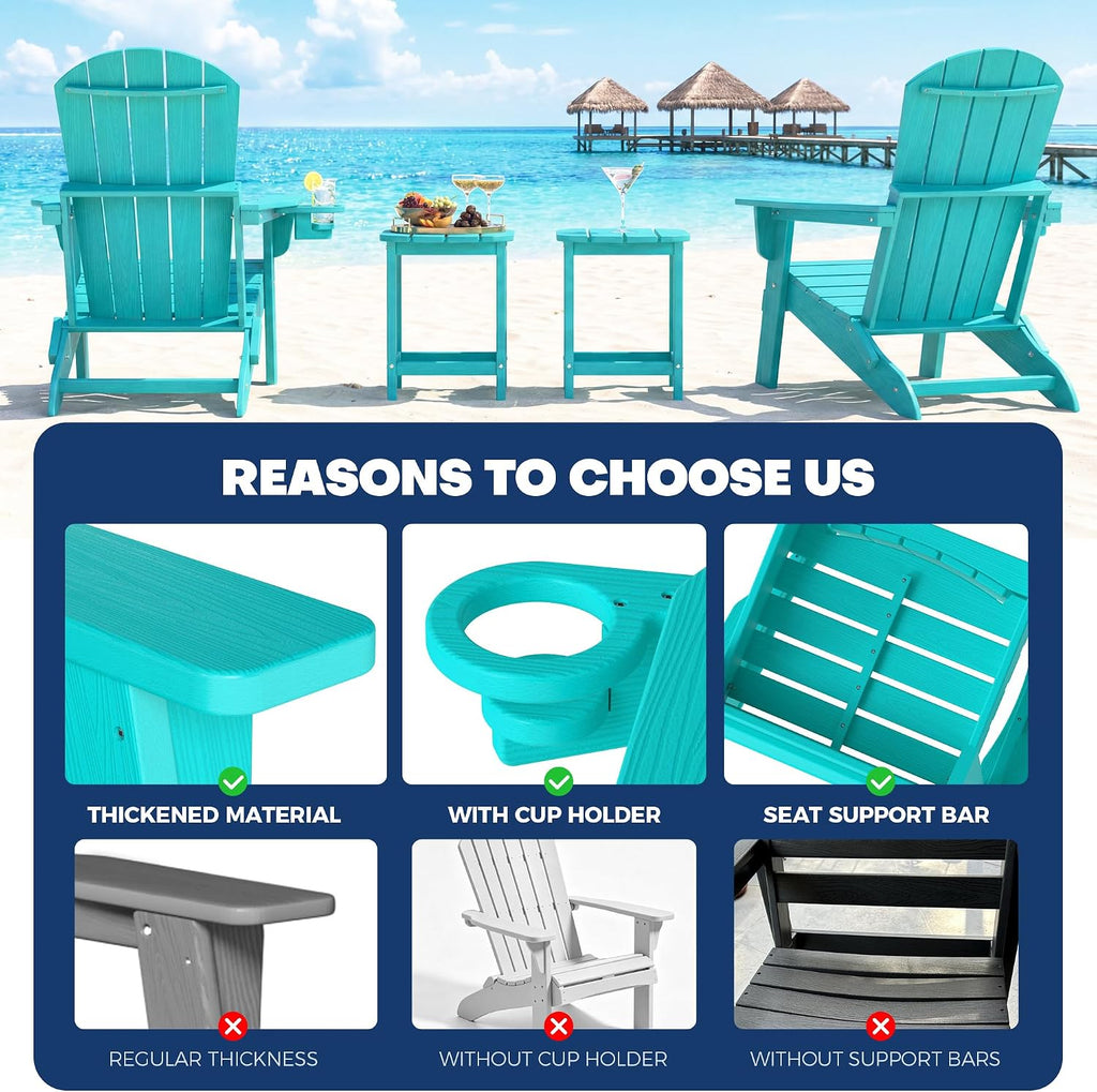 HDPE 3-Piece Folding Adirondack Chair Set, Aruba Blue | 38" Extra Tall Back & Embossed Wood Grain, Oversized HDPE Patio Furniture with Side Table & Cup Holders, All Weather