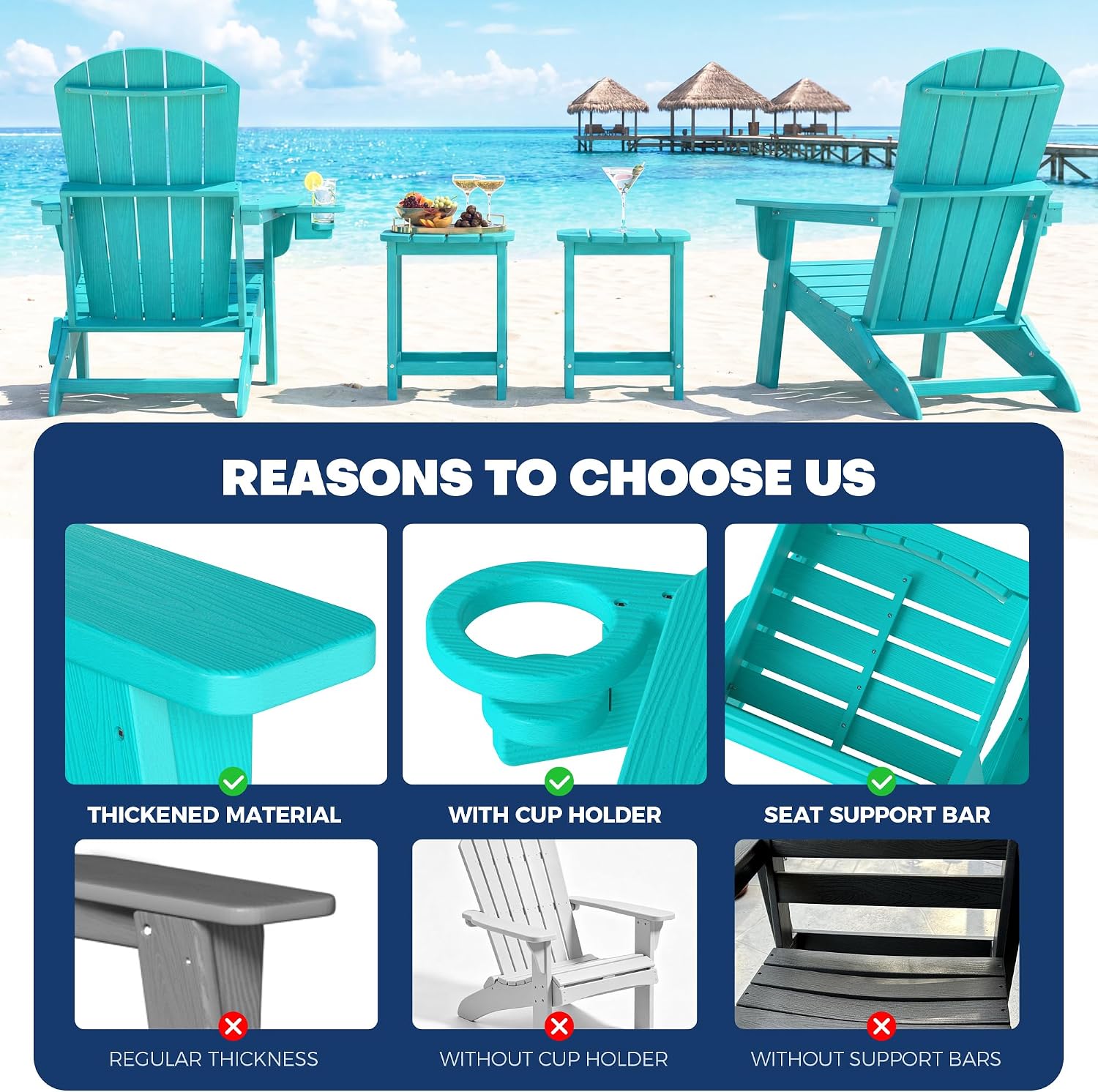 HDPE 3-Piece Folding Adirondack Chair Set, Aruba Blue | 38" Extra Tall Back & Embossed Wood Grain, Oversized HDPE Patio Furniture with Side Table & Cup Holders, All Weather